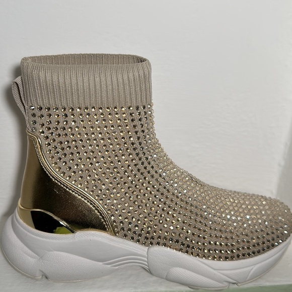 Michael Kors Katrina stretch knit bootie hot fix stones embellished sparkly gold - Picture 12 of 12